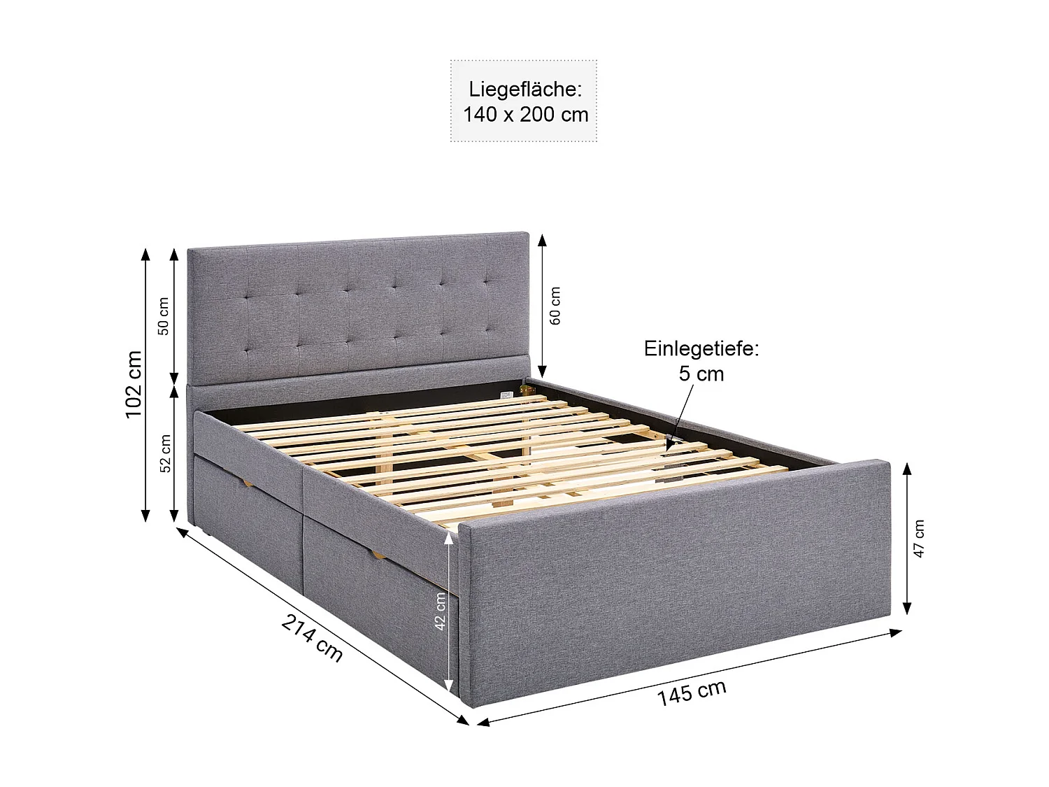 Tapicerowane łóżko 140x200 cm ciemnoszare