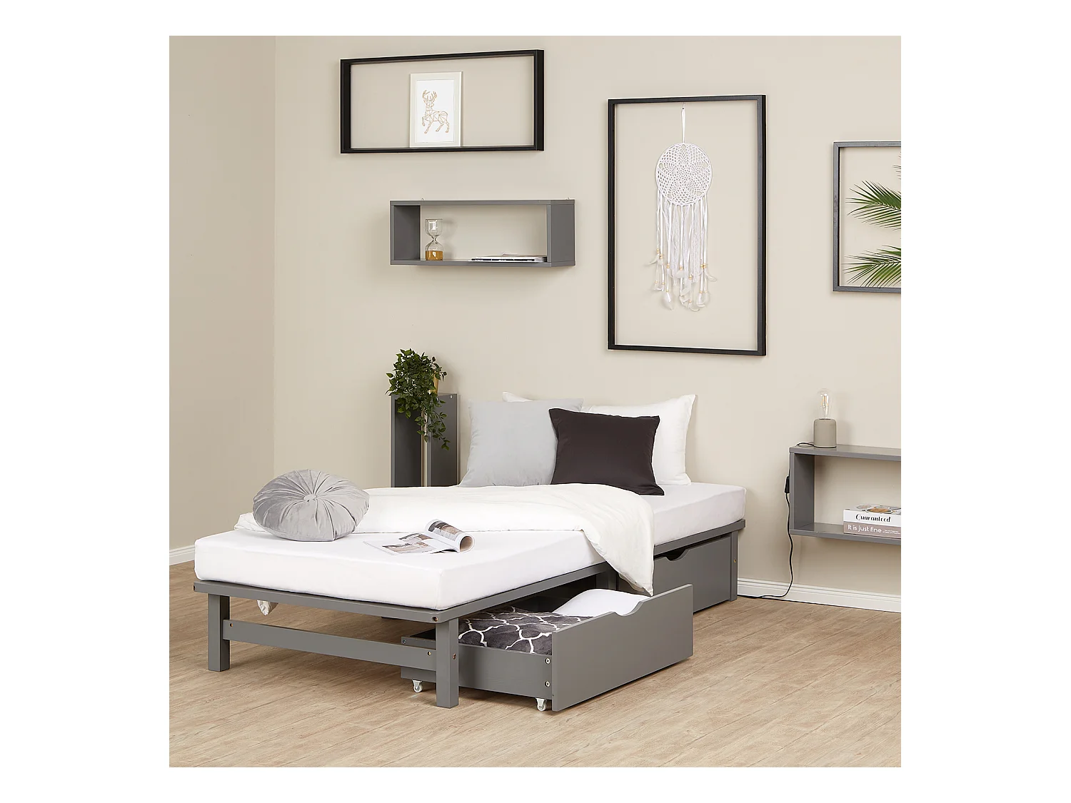 Bett 90x200 cm grau Palettenholz