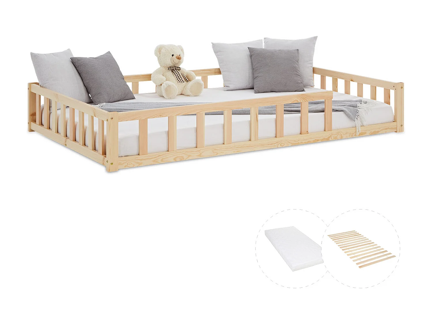 Lit pour Enfant au Sol 120x200 cm Naturel Massif Lit Simple pour Enfants
