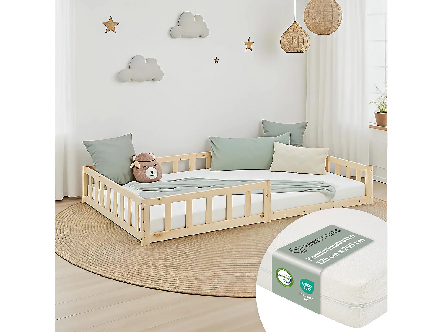 Lit pour Enfant au Sol 120x200 cm Naturel Massif Lit Simple pour Enfants