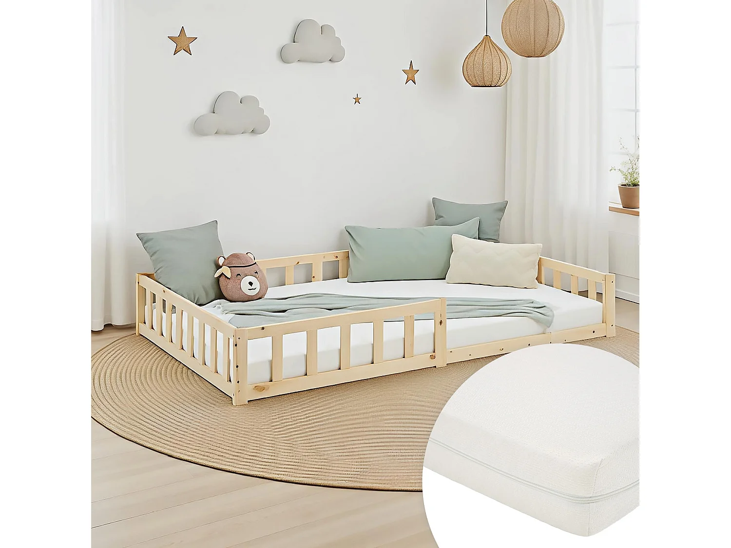Lit pour Enfant au Sol 120x200 cm Naturel Massif Lit Simple pour Enfants