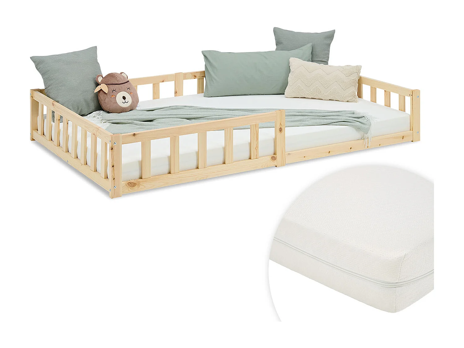 Lit pour Enfant au Sol 120x200 cm Naturel Massif Lit Simple pour Enfants