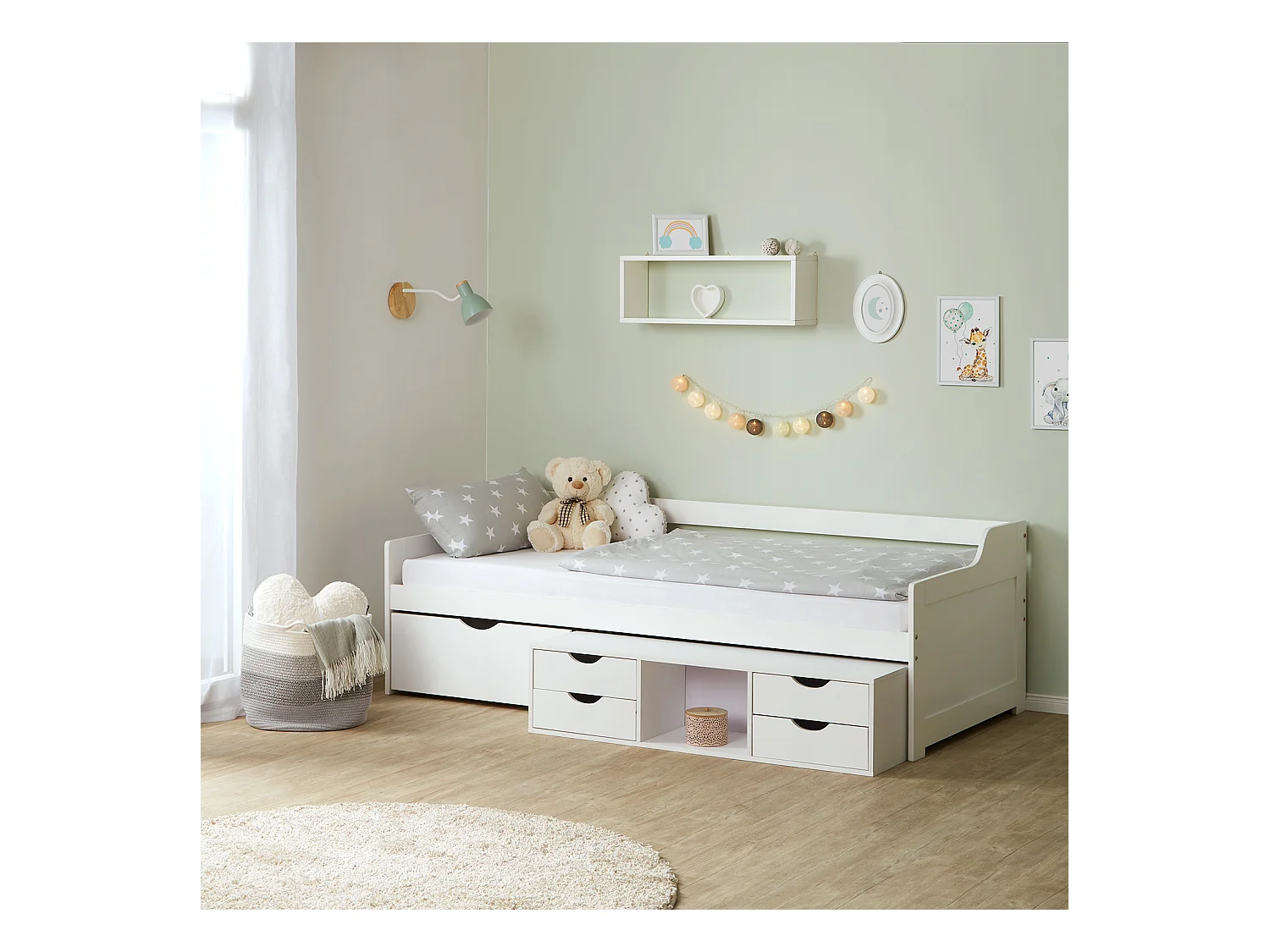 Einzelbett 90x200 cm weiß, Kabinenbett mit Stauraumschubladen