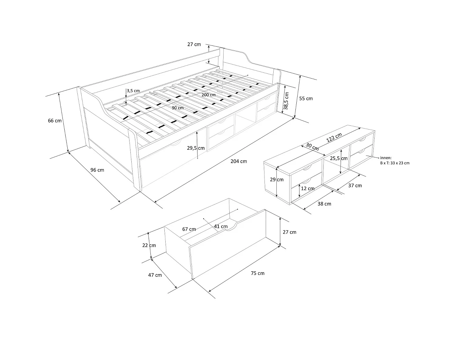 Einzelbett 90x200 cm weiß, Kabinenbett mit Stauraumschubladen