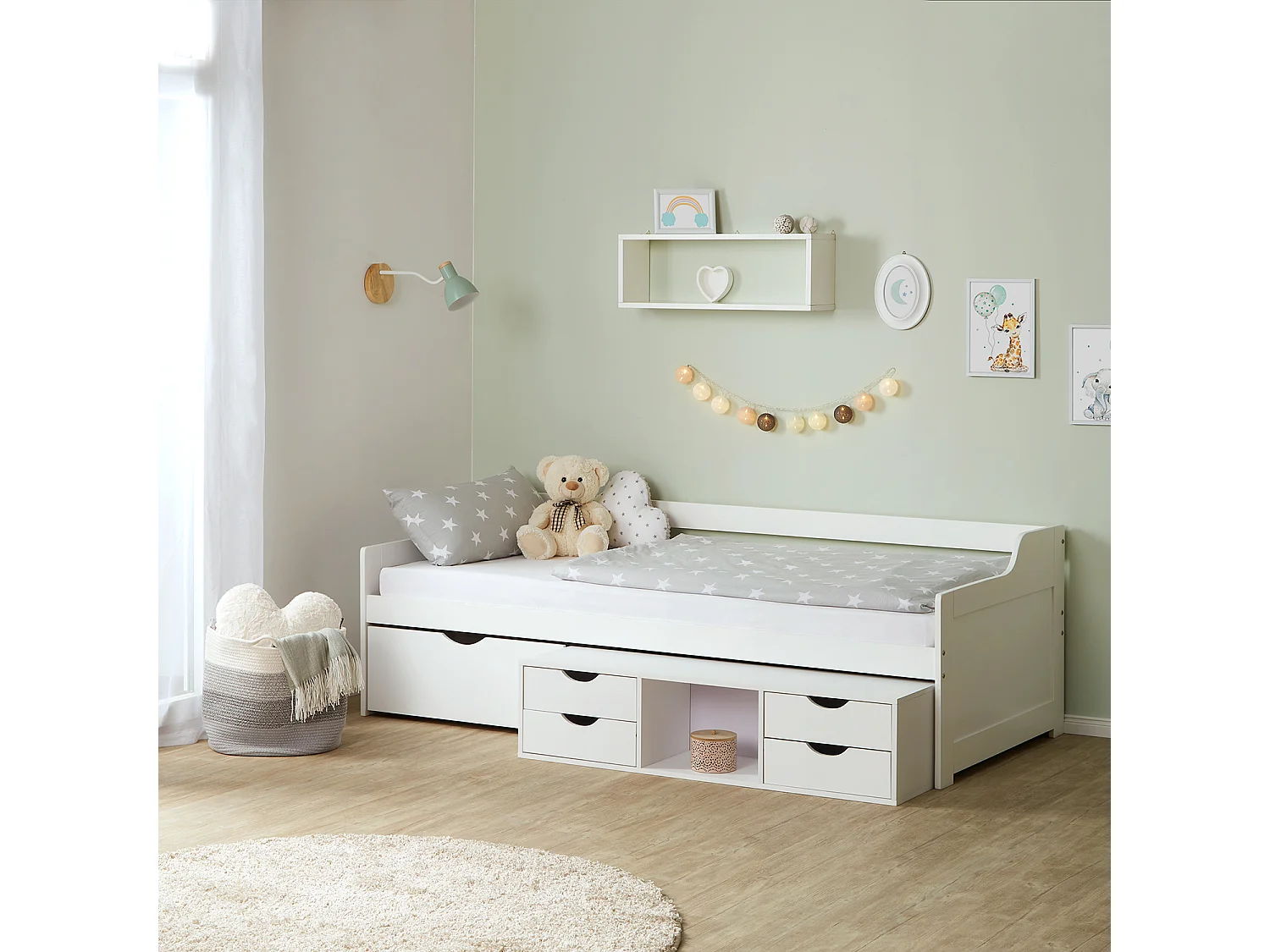 Eenpersoonsbed 90x200 cm wit cabine opbergladen