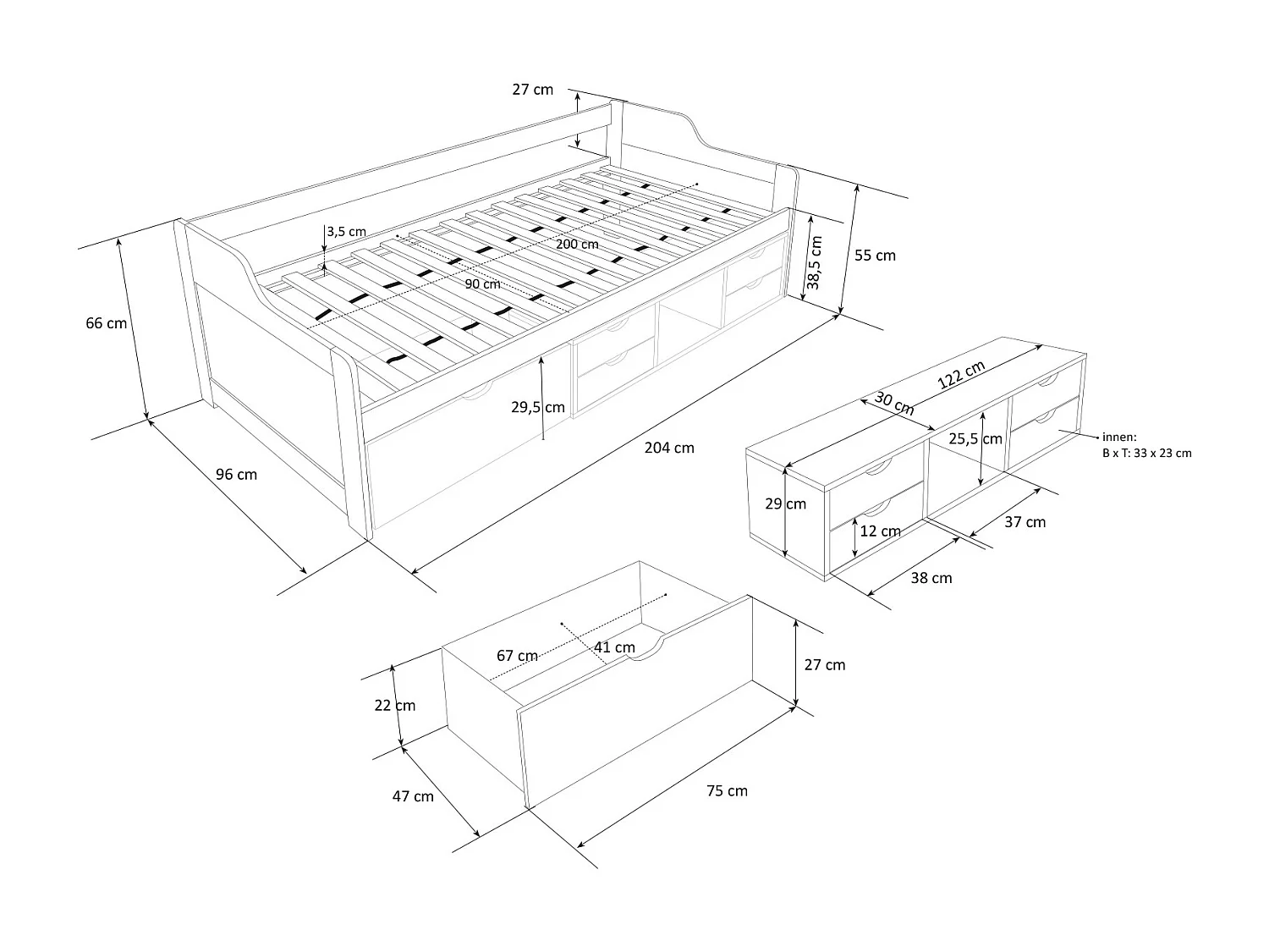 Eenpersoonsbed 90x200 cm wit cabine opbergladen