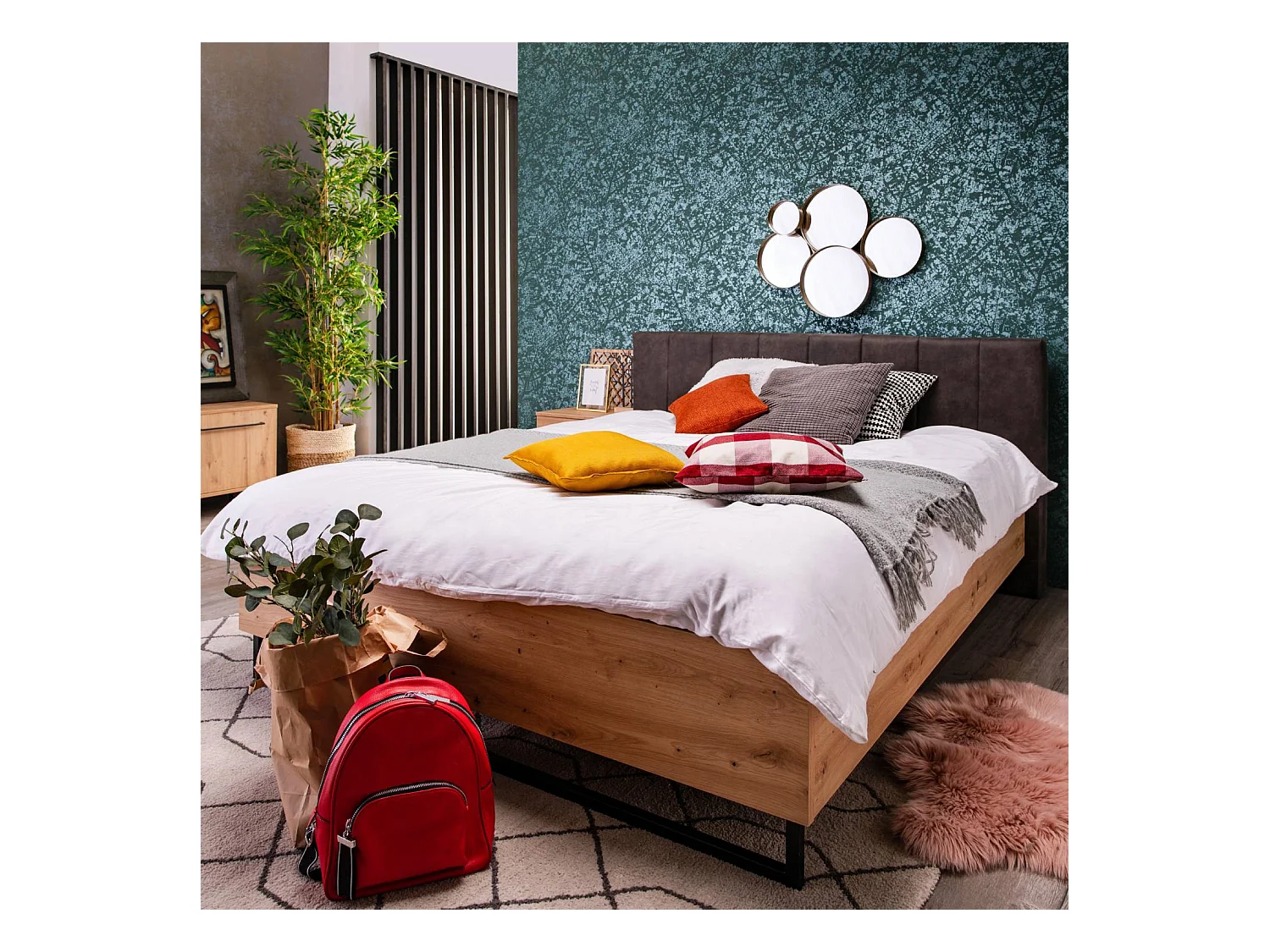 Letto matrimoniale 197,5x94x212 cm tessuto grigio rovere