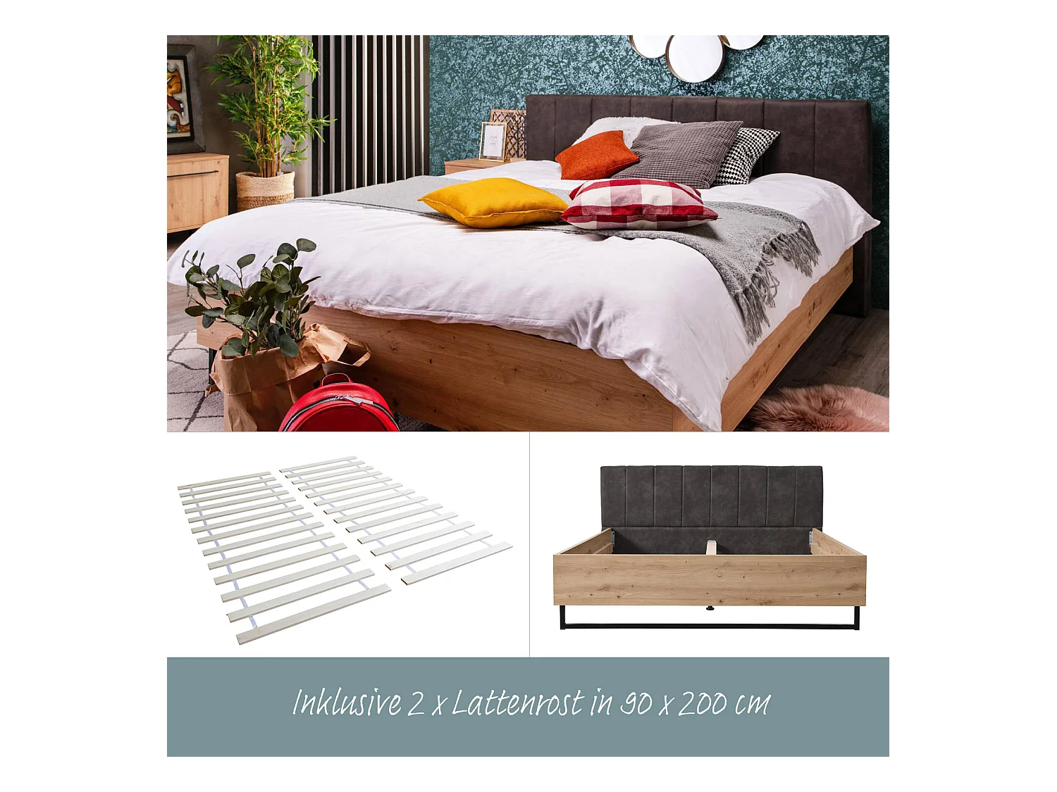 Letto matrimoniale 197,5x94x212 cm tessuto grigio rovere