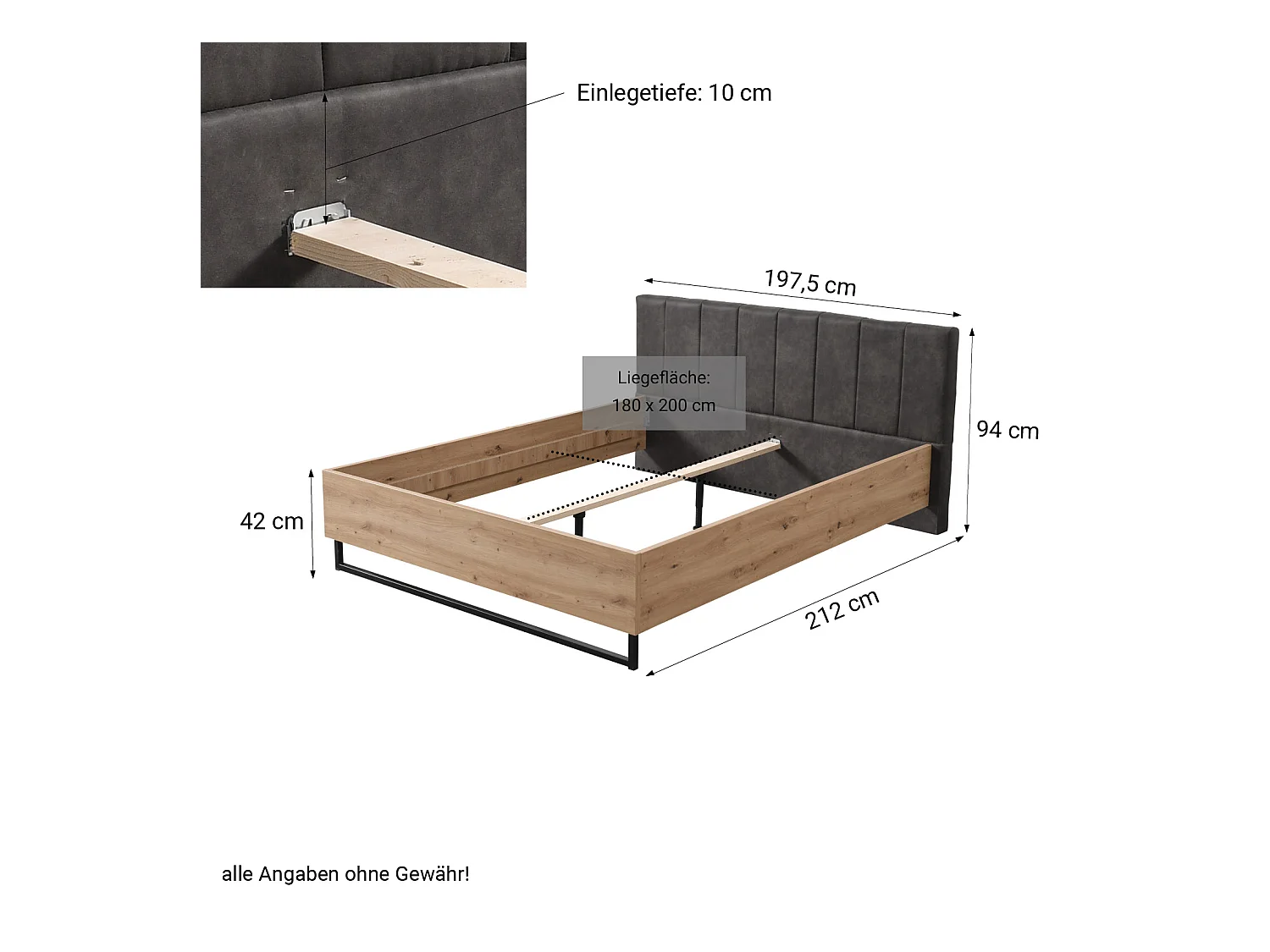 Letto matrimoniale 197,5x94x212 cm tessuto grigio rovere