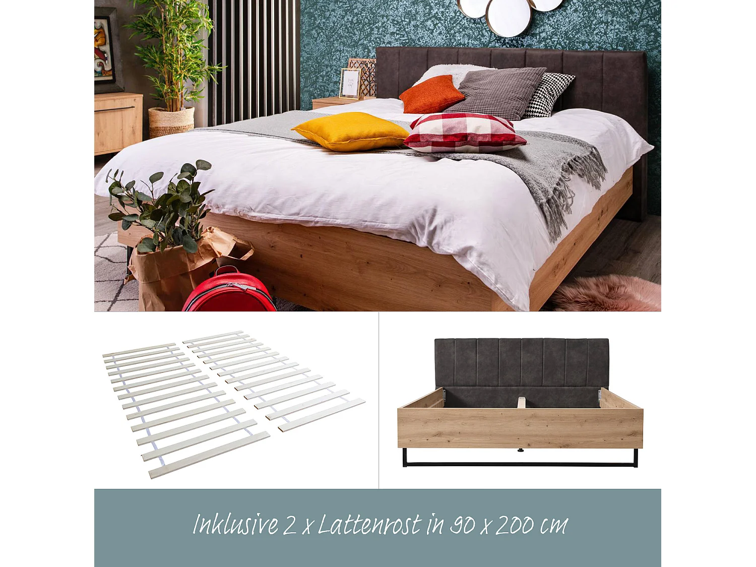 Łóżko podwójne 197,5x94x212 cm szare tkanina dąb