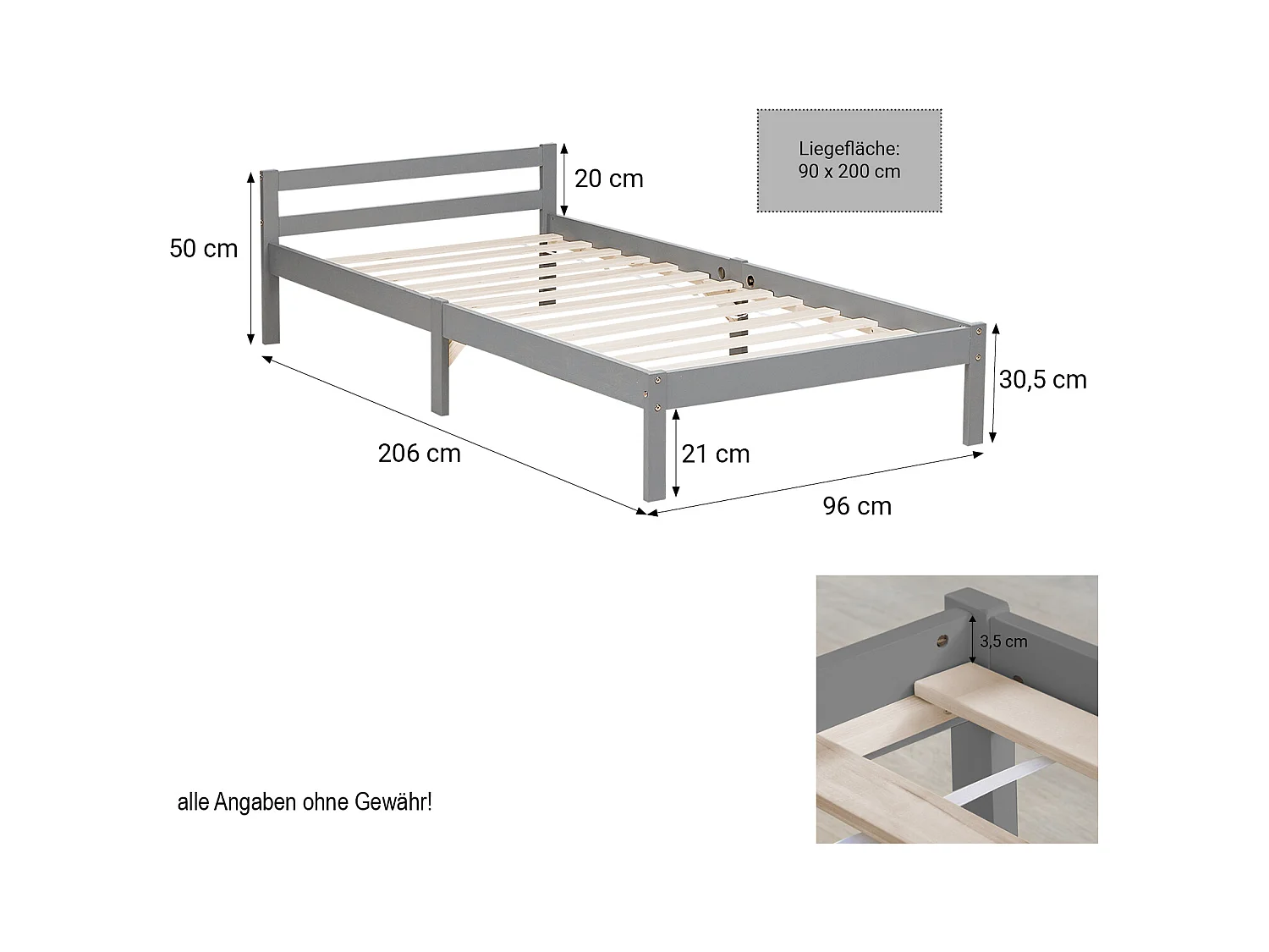 Holzbett 90x200 cm grau Kiefer