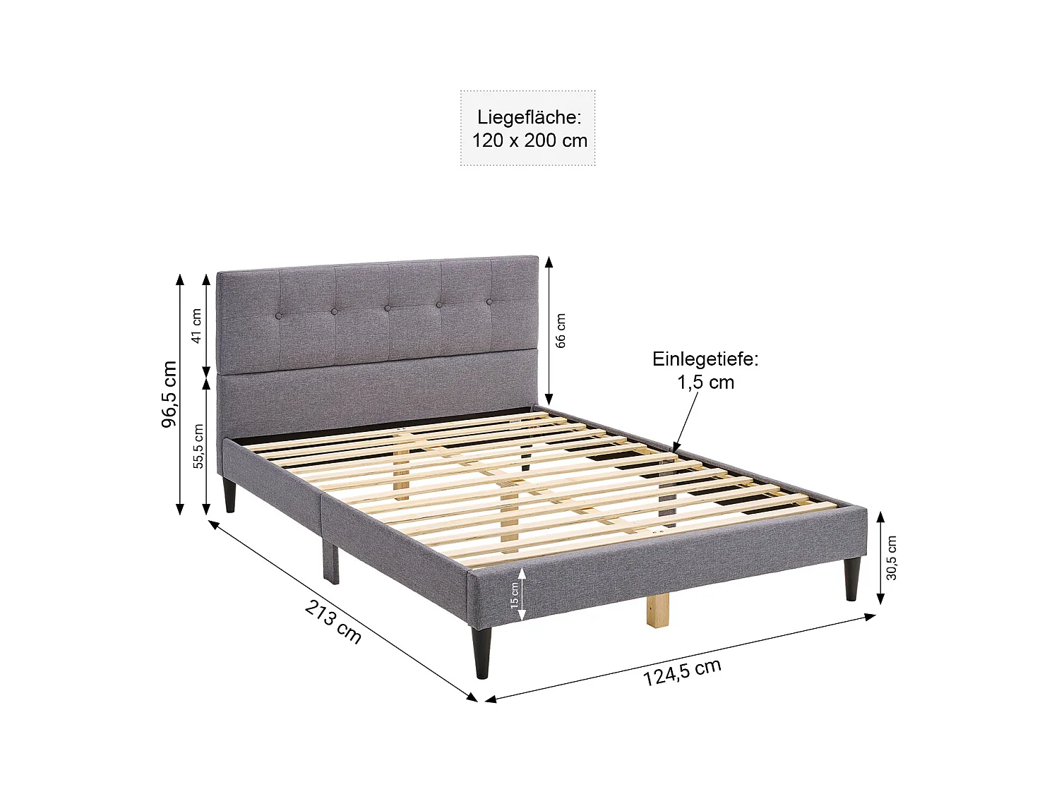 Polsterbettgestell 120x200 cm Grau