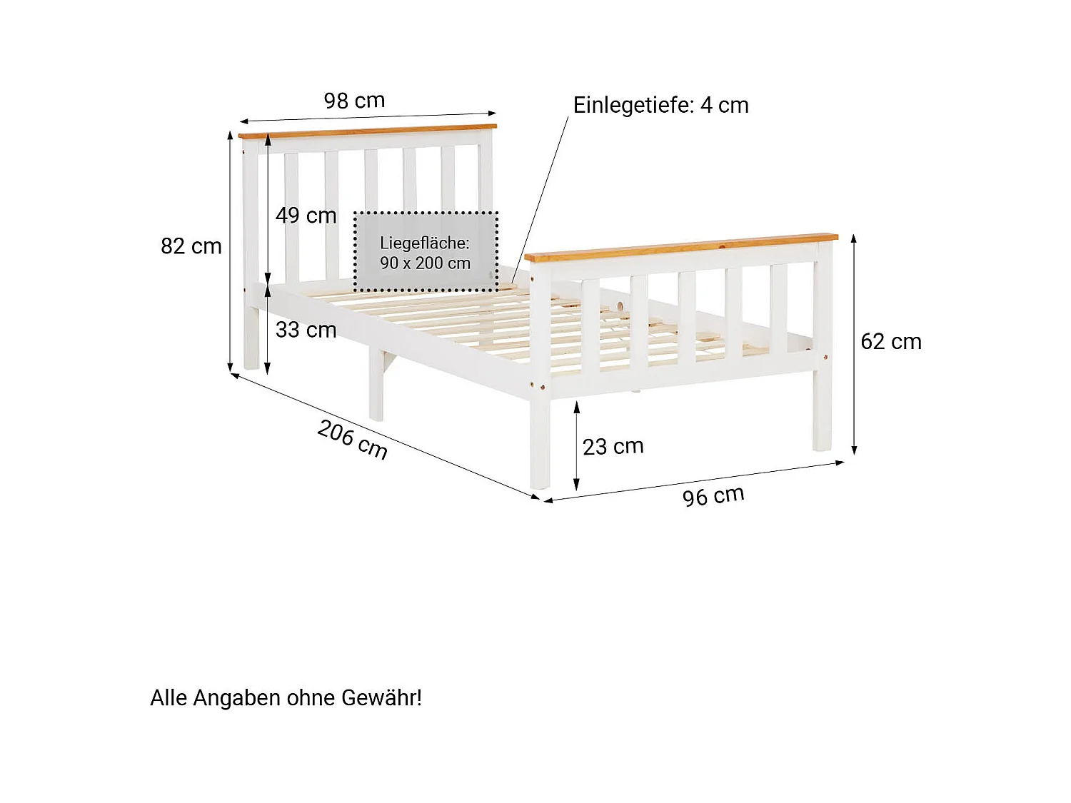 Einzelbett 90x200 cm weiß Massiv Kiefernholz Rahmenbett Tagesbett