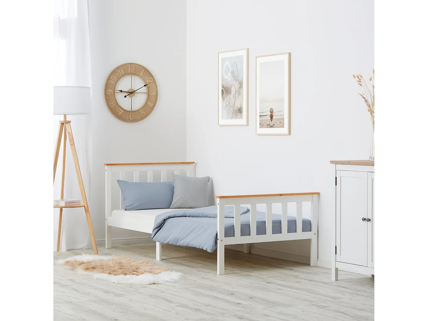 Letto singolo 90x200 cm bianco, struttura in legno massello di pino, letto da giorno