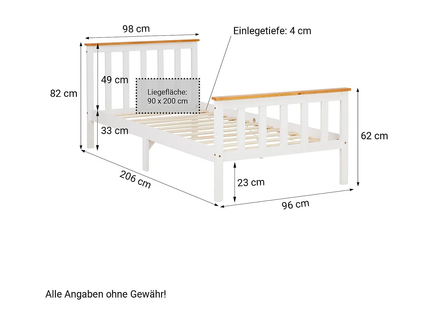 Letto singolo 90x200 cm bianco, struttura in legno massello di pino, letto da giorno