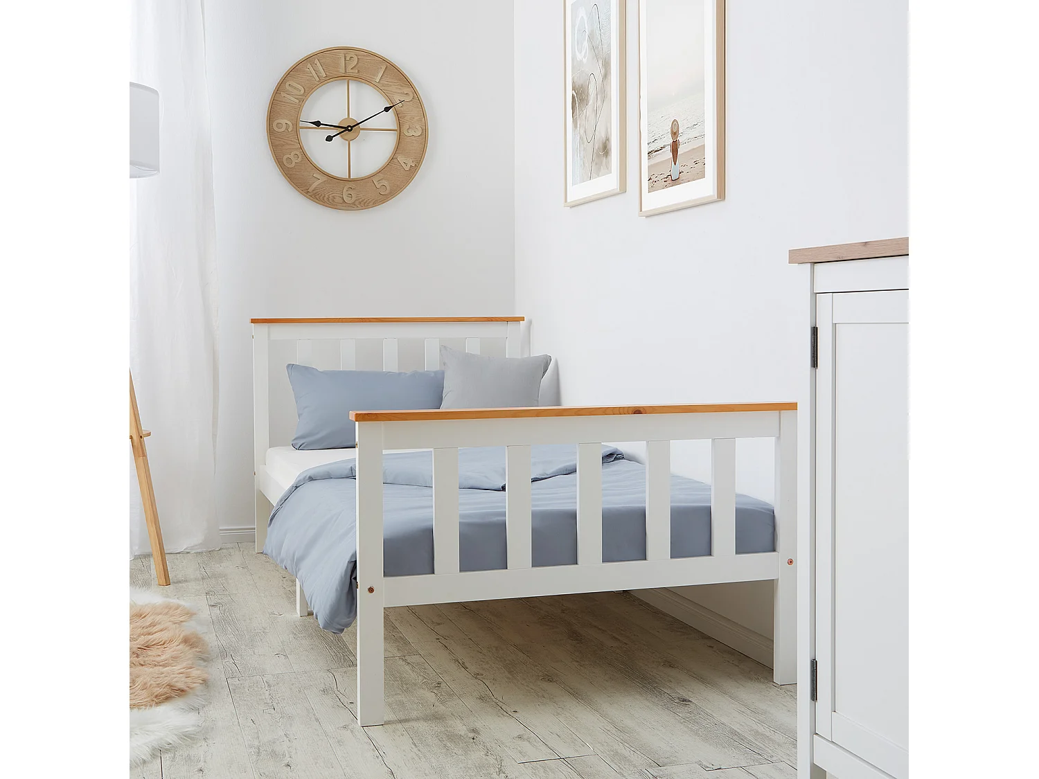 Letto singolo 90x200 cm bianco, struttura in legno massello di pino, letto da giorno