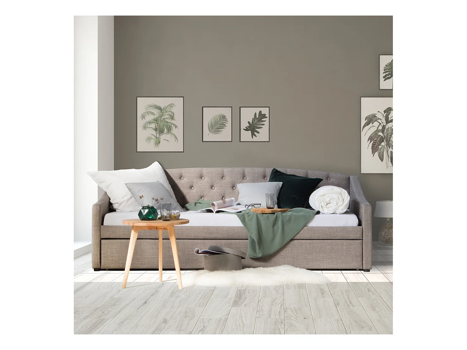 Tagesbett 90x200 cm grau Gepolstertes Bett mit Schublade Schlafsofa Gästebett ausziehbar