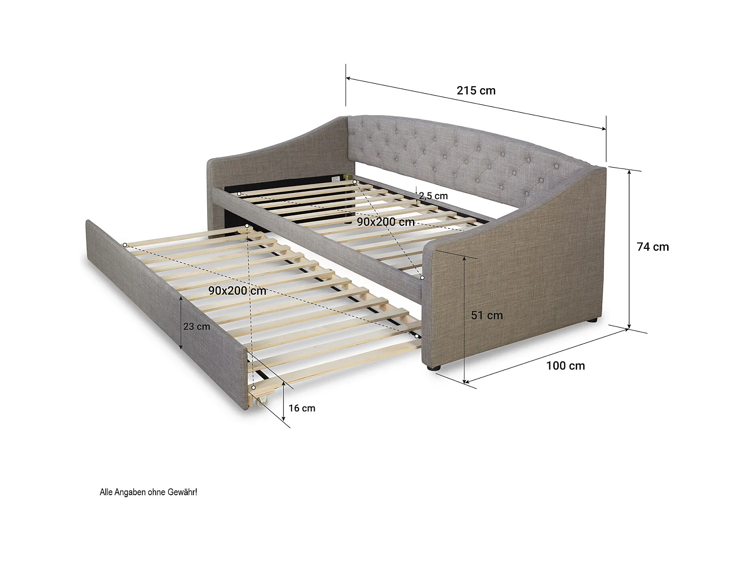 Tagesbett 90x200 cm grau Gepolstertes Bett mit Schublade Schlafsofa Gästebett ausziehbar