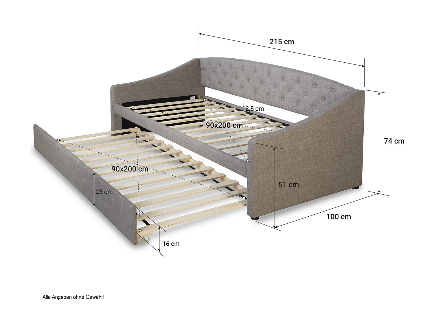 Łóżko dzienne 90x200 cm szare Tapicerowane łóżko z szufladą, sofa, rozkładane łóżko dla gości, rozsuwane