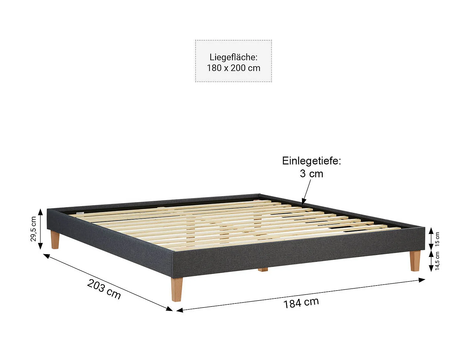 Bettgestell 180x200 cm grau gepolstert