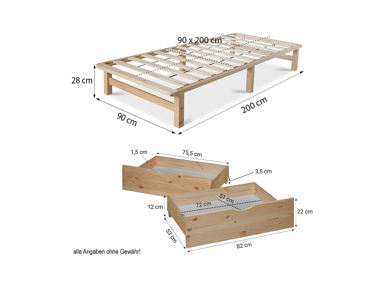 Bett 90x200 cm Naturpalette