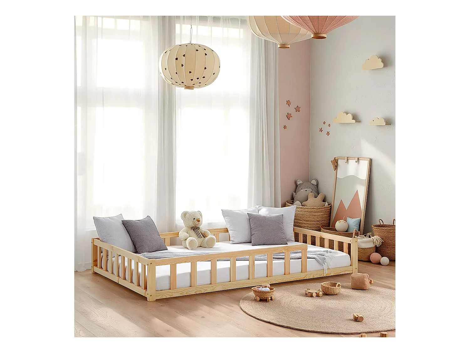 Kinderbett 120x200 cm Natur Montessori Bett mit Schutzgittern