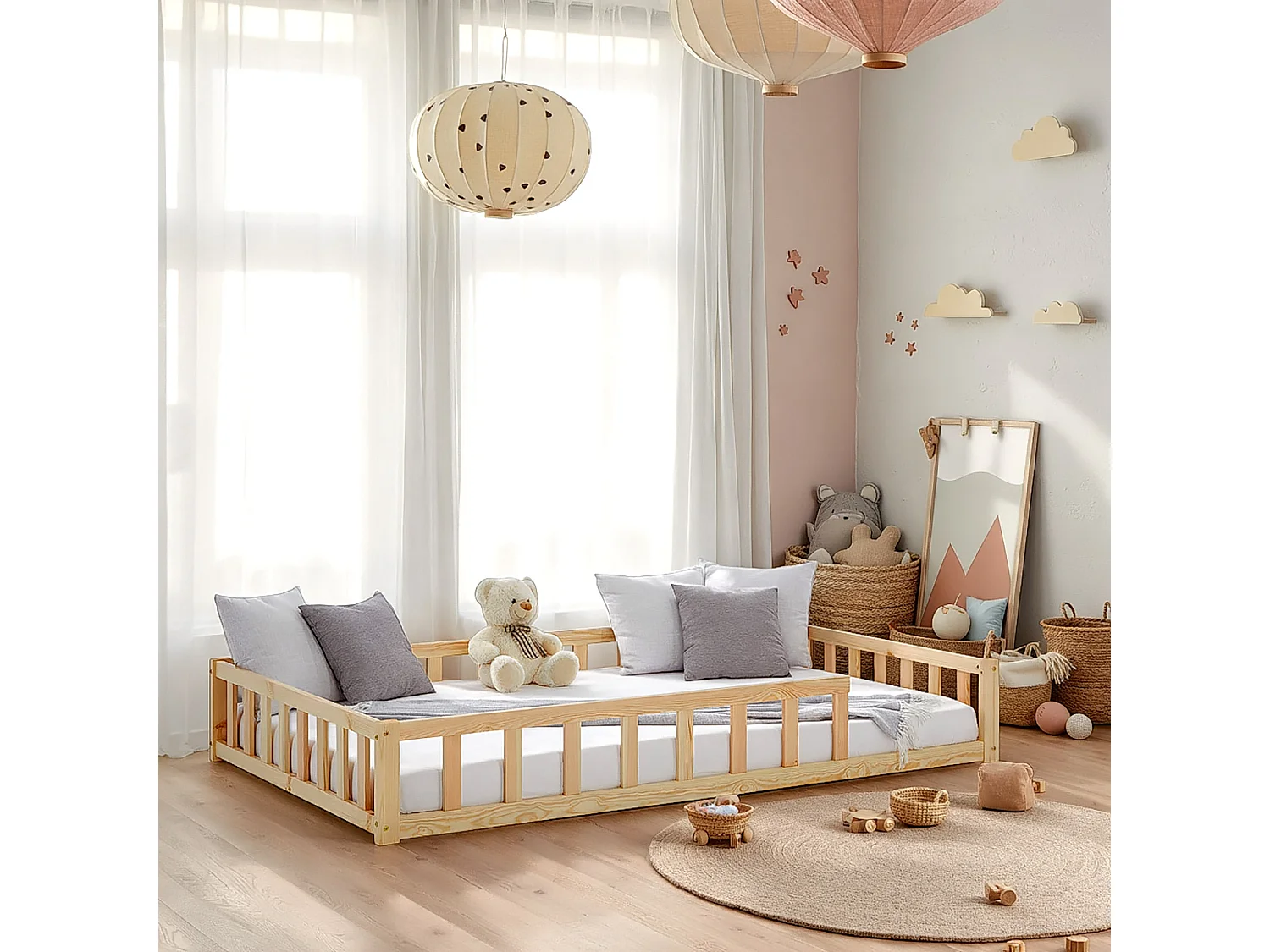 Cama Infantil 120x200 cm Cama Montessori Natural com Barreiras