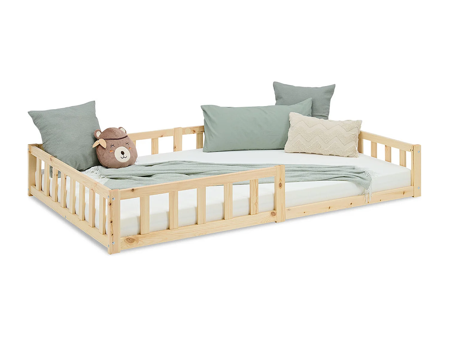 Cama Infantil 120x200 cm Cama Montessori Natural com Barreiras