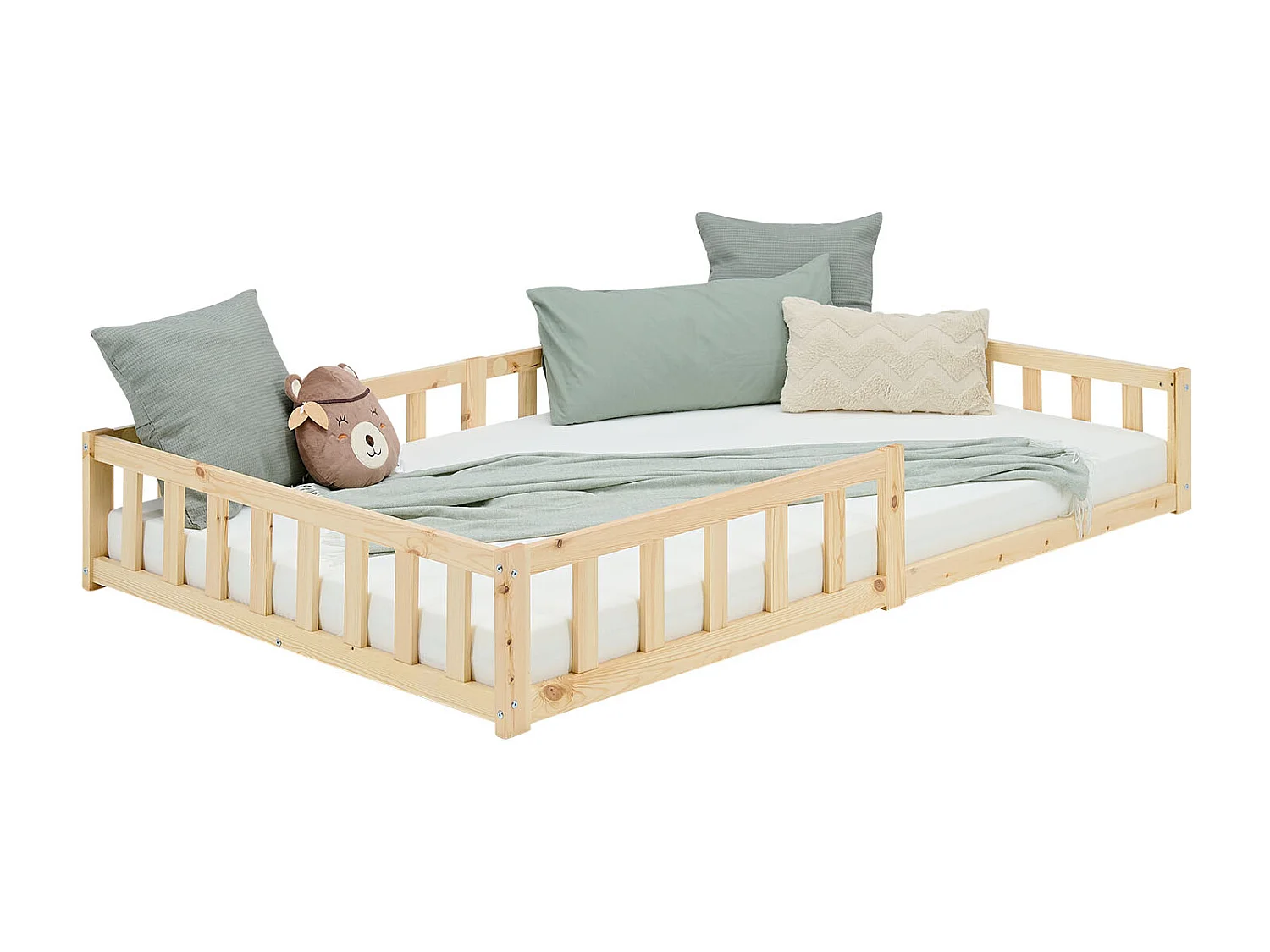 Cama Infantil 120x200 cm Cama Montessori Natural com Barreiras