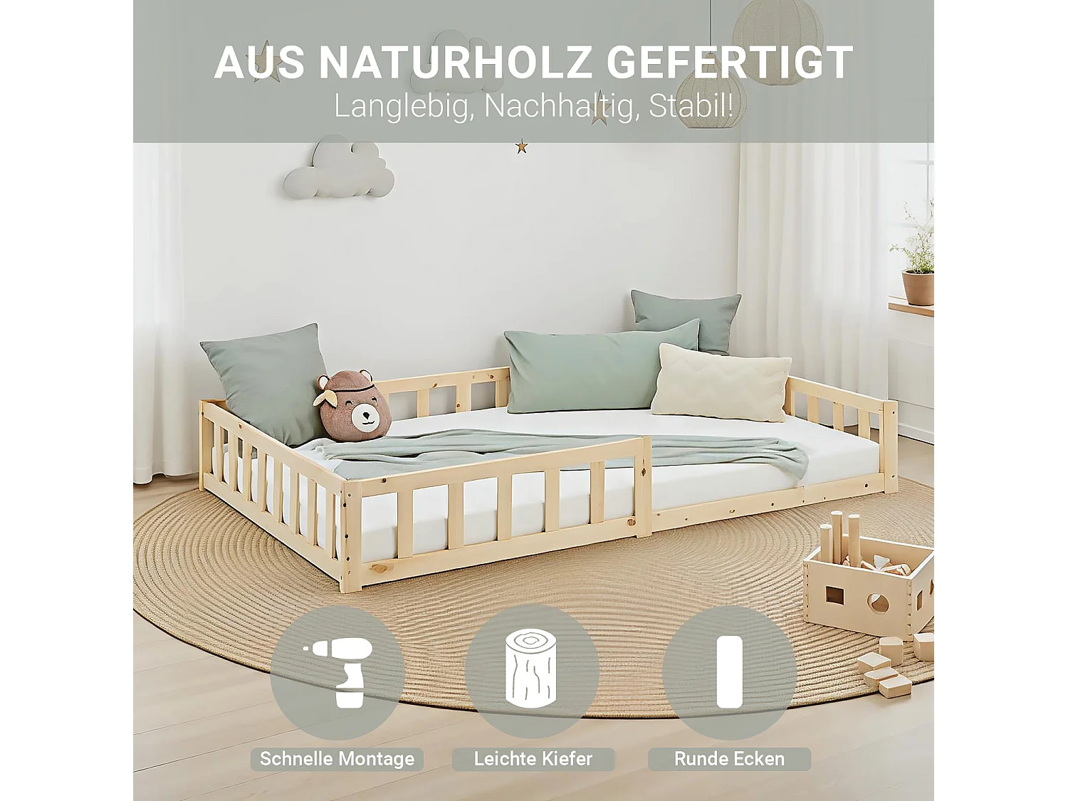 Cama Infantil 120x200 cm Cama Montessori Natural com Barreiras