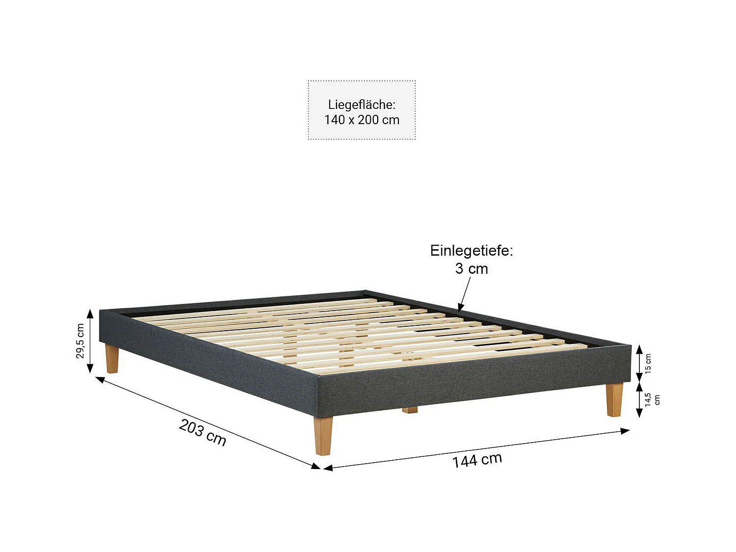 Polsterbett 140x200 cm grau