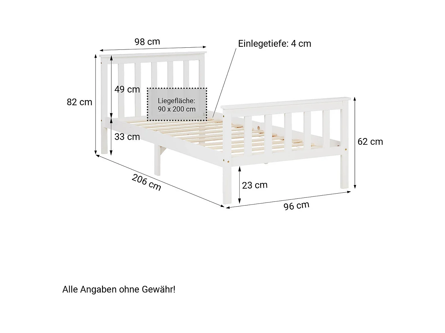Einzelbett 98x206x82 cm weiß, Massivholz Kiefer Rahmen, Shaker-Stil Tagesbett