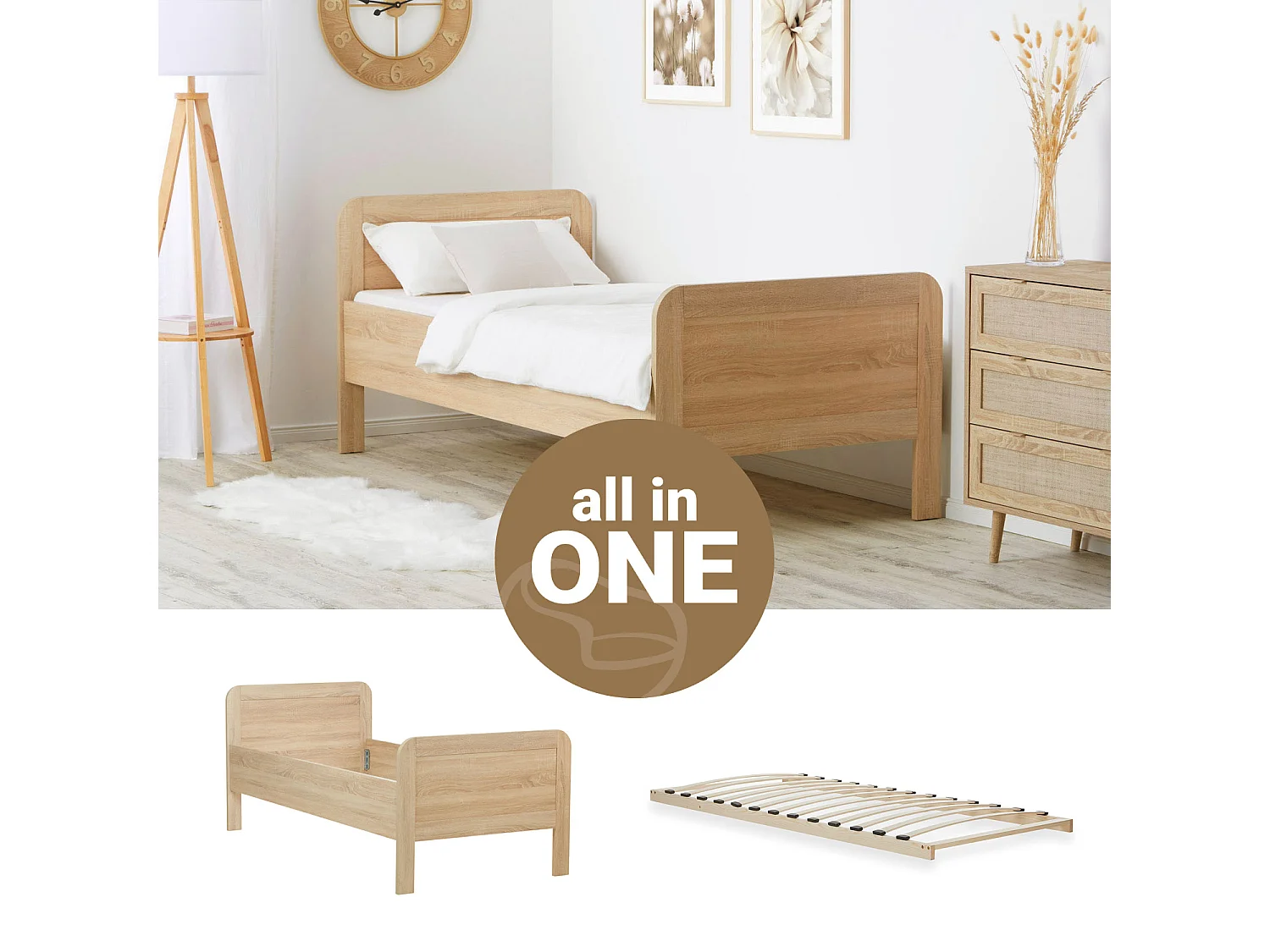 Letto 90x200 cm, Letto Comfort in Rovere