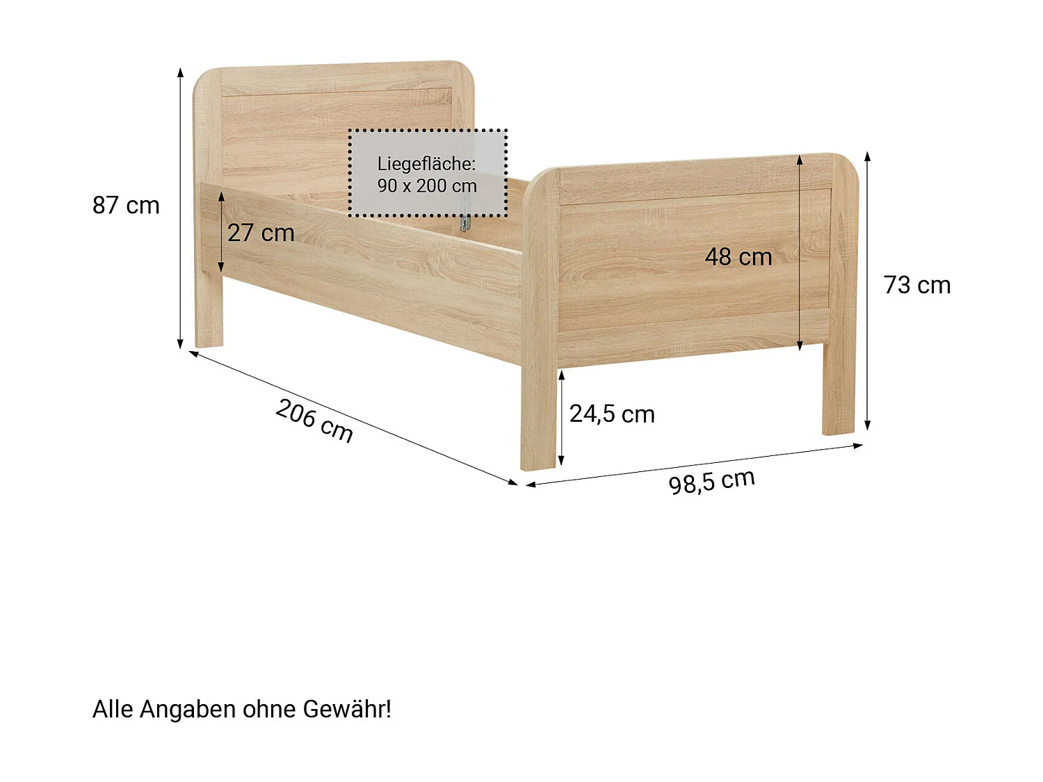 Letto 90x200 cm, Letto Comfort in Rovere