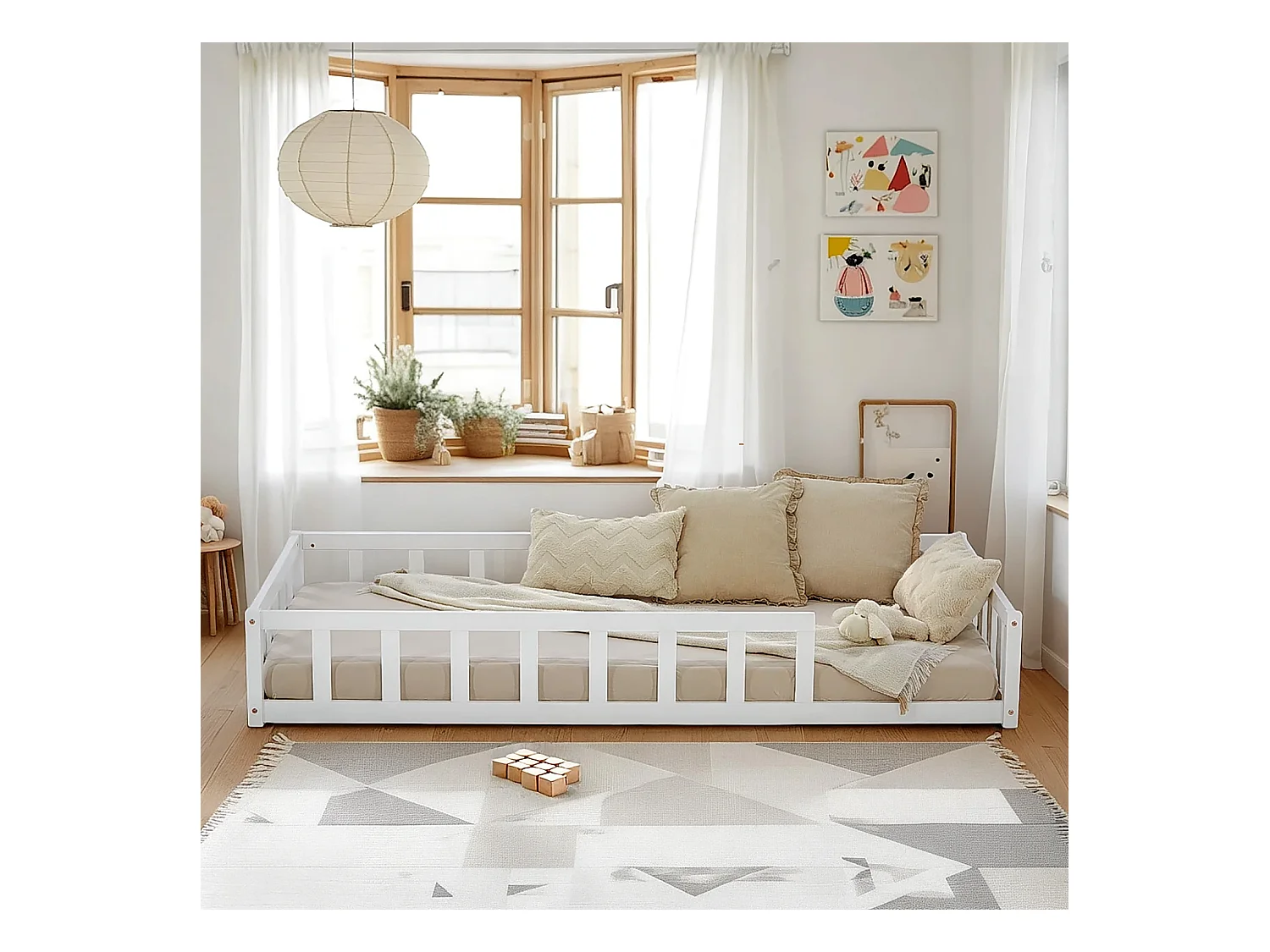 Kinderbodenbett 90x200 cm weiß Montessori-Bett mit Schutzgittern