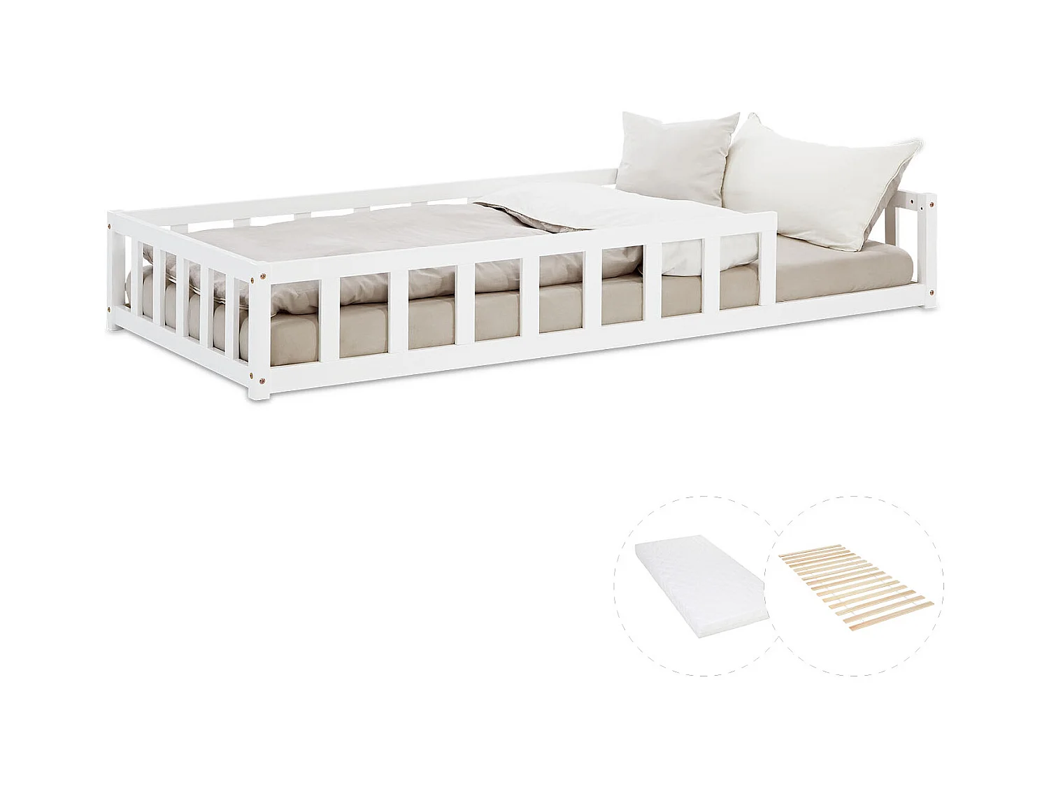 Kinderbodenbett 90x200 cm weiß Montessori-Bett mit Schutzgittern