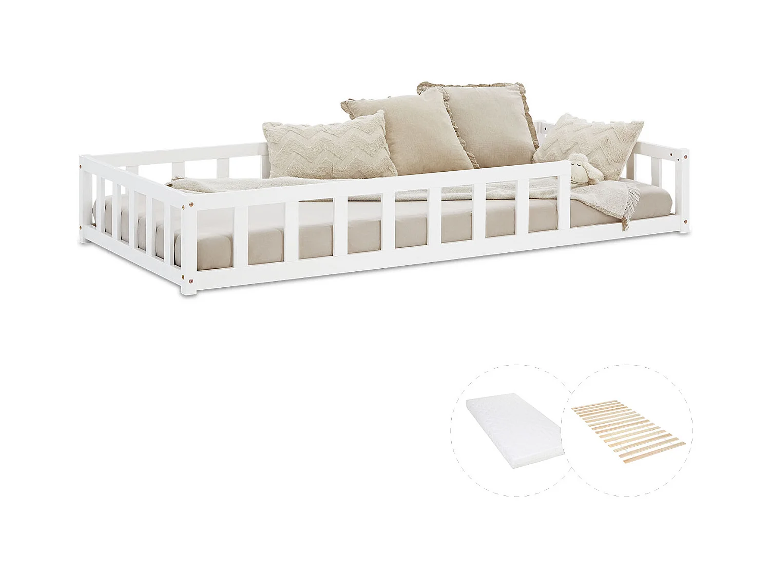 Kinderbodenbett 90x200 cm weiß Montessori-Bett mit Schutzgittern