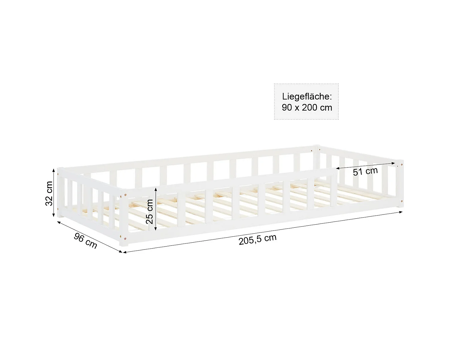 Kinderbodenbett 90x200 cm weiß Montessori-Bett mit Schutzgittern