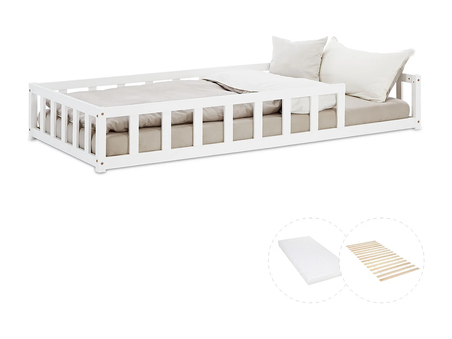 Kinderbodenbett 90x200 cm weiß Montessori-Bett mit Schutzgittern