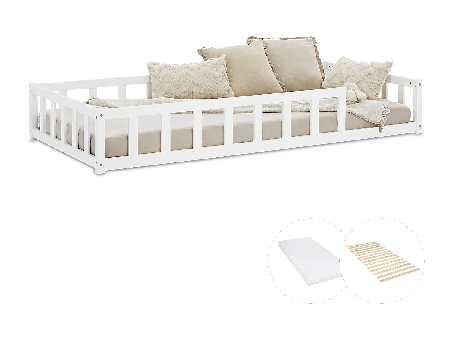 Kinderbodenbett 90x200 cm weiß Montessori-Bett mit Schutzgittern