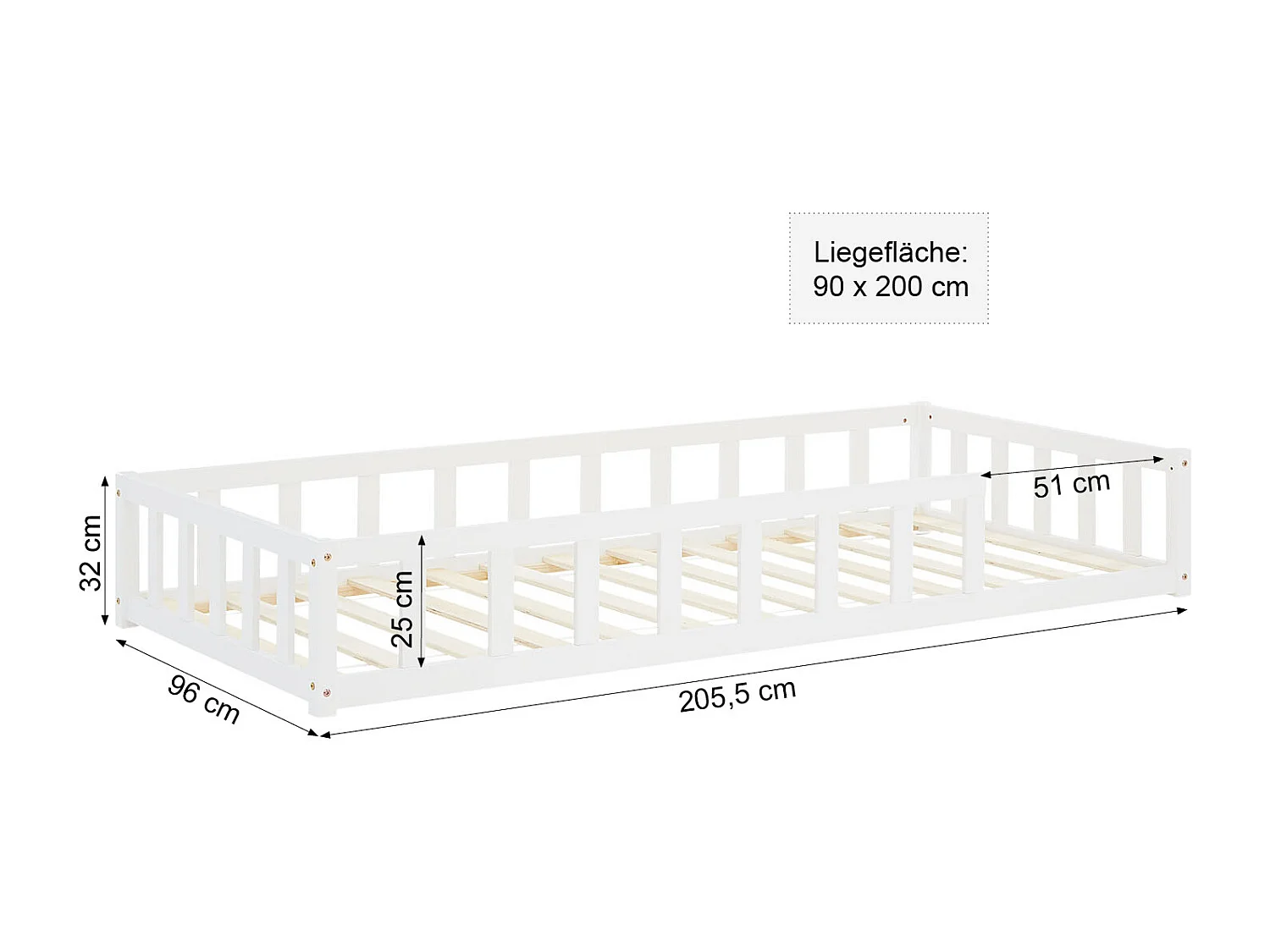 Kinderbodenbett 90x200 cm weiß Montessori-Bett mit Schutzgittern
