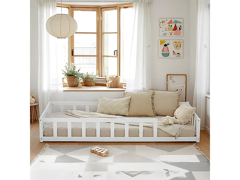 Peuter Vloerbed 90x200 cm wit Montessori Bed met Barrières