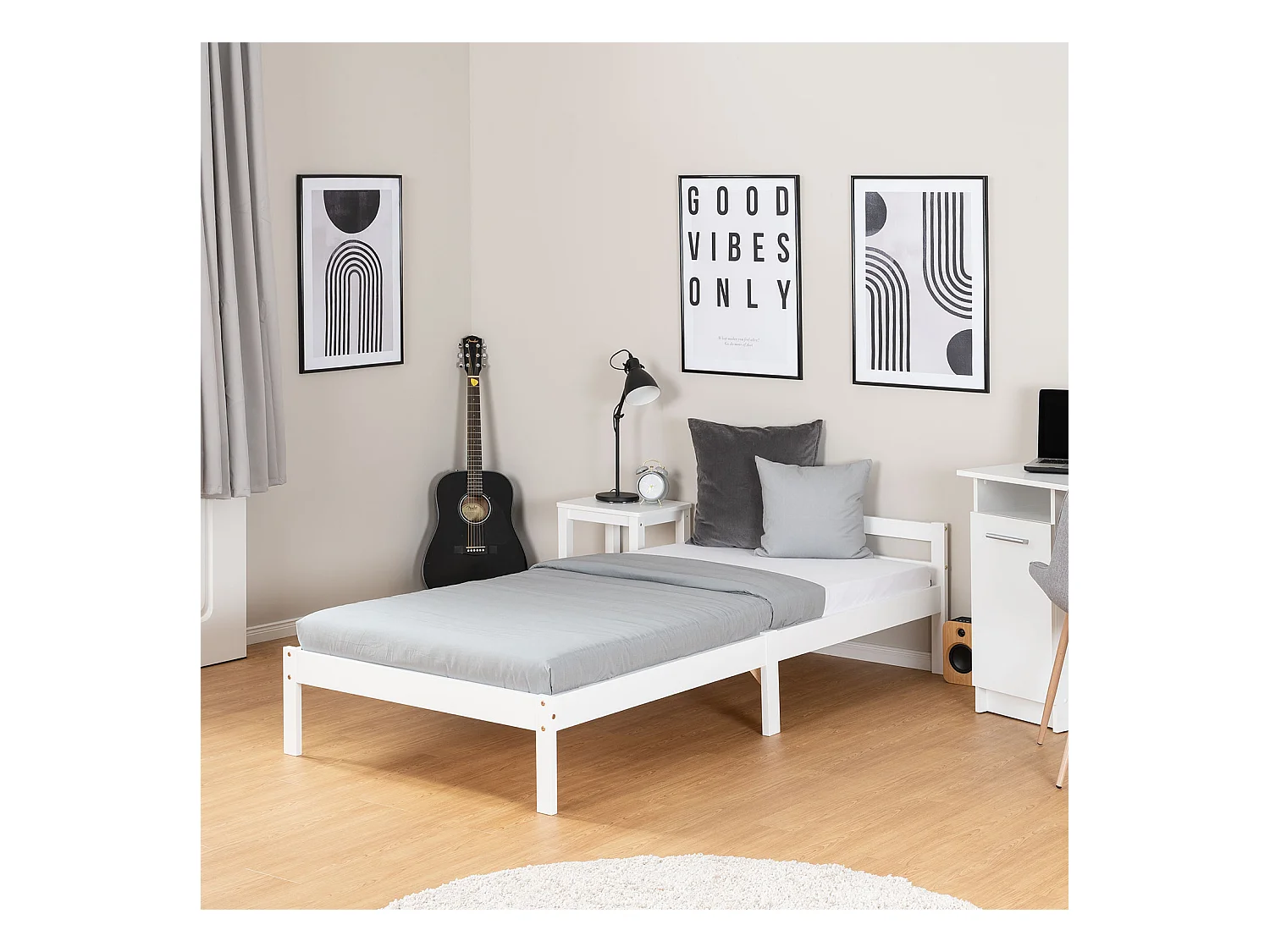 Einzelbett 90x200 cm, weiß, Massivholz Kiefer Rahmenbett