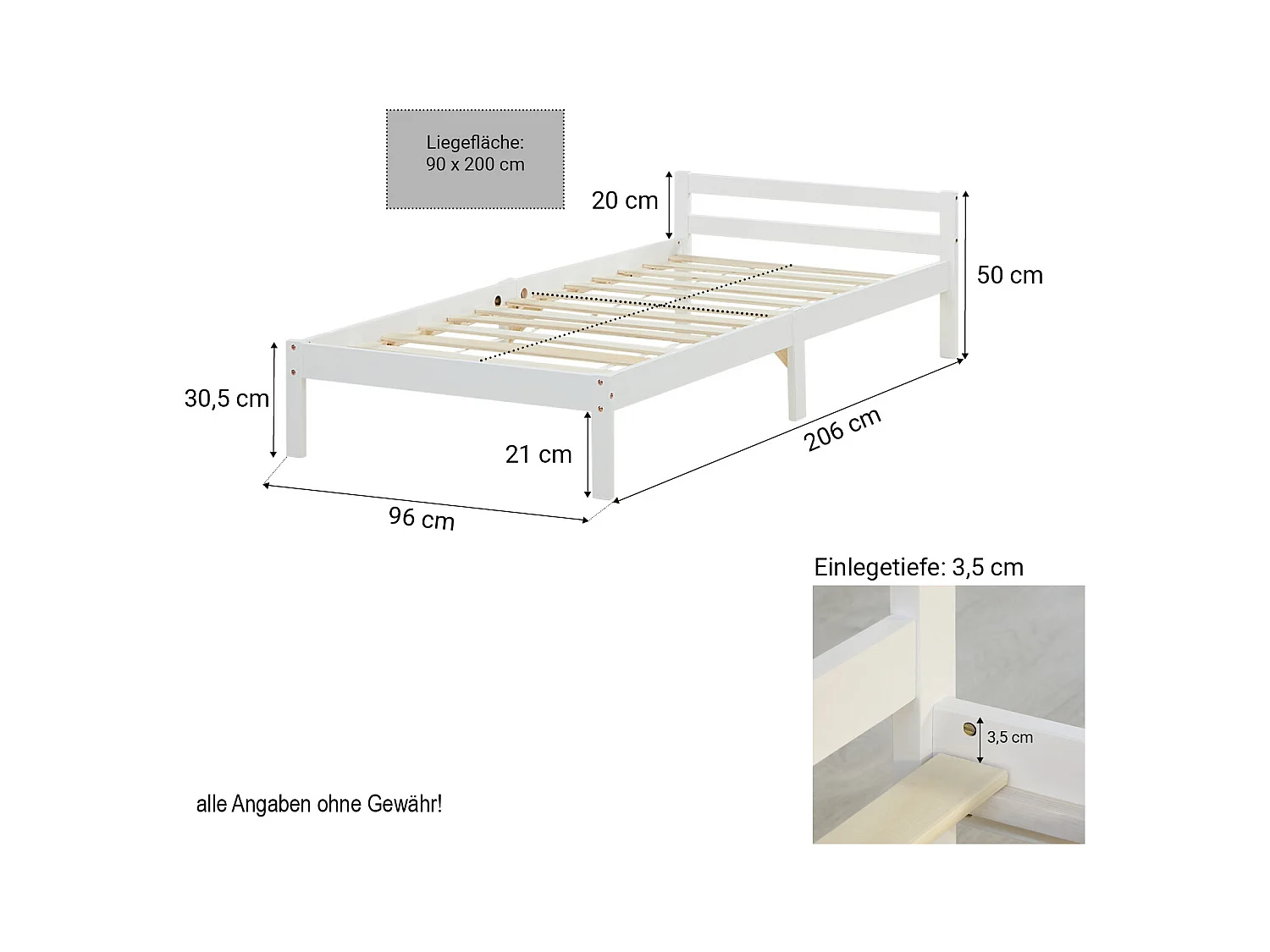 Einzelbett 90x200 cm, weiß, Massivholz Kiefer Rahmenbett