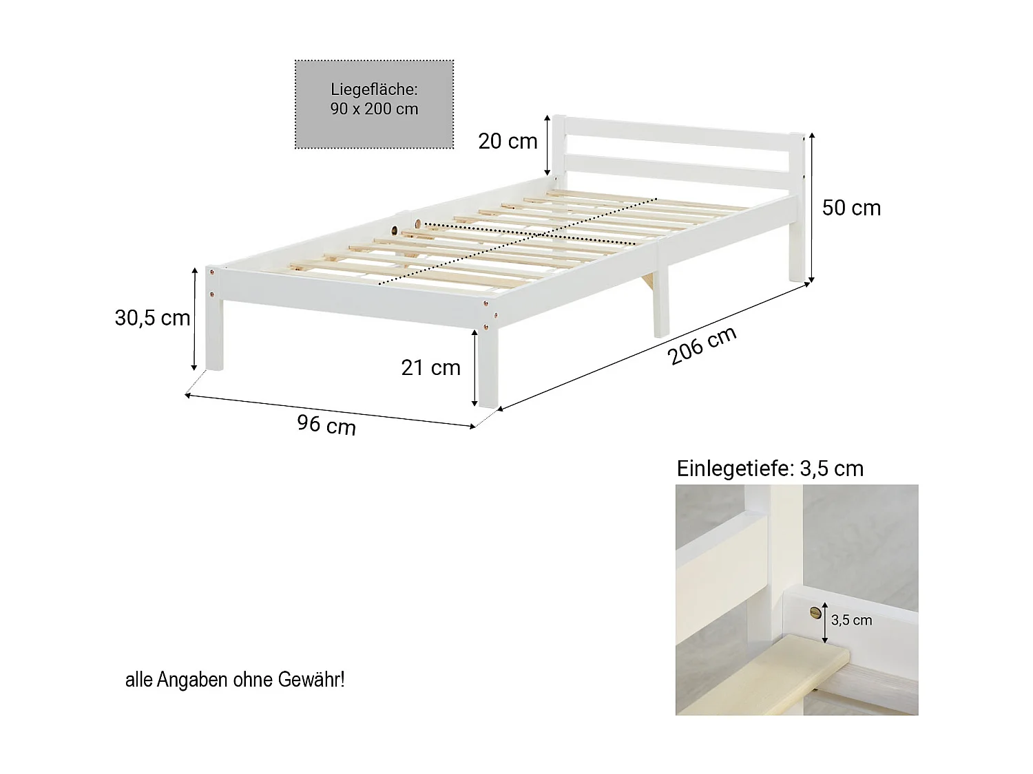 Eenpersoonsbed 90x200 cm wit massief dennenhouten frame bed