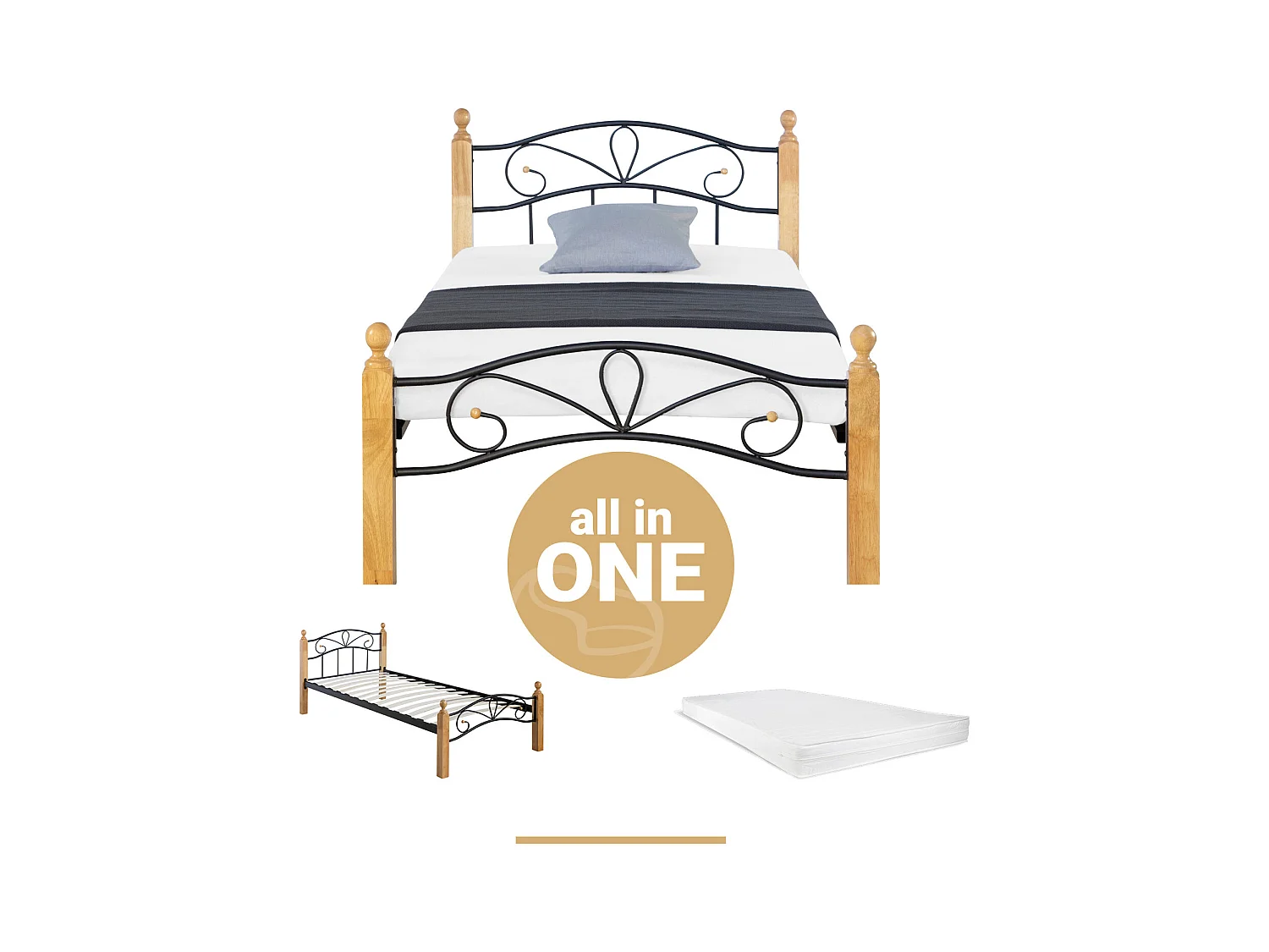 Lit 90x200x12 cm Bois naturel noir