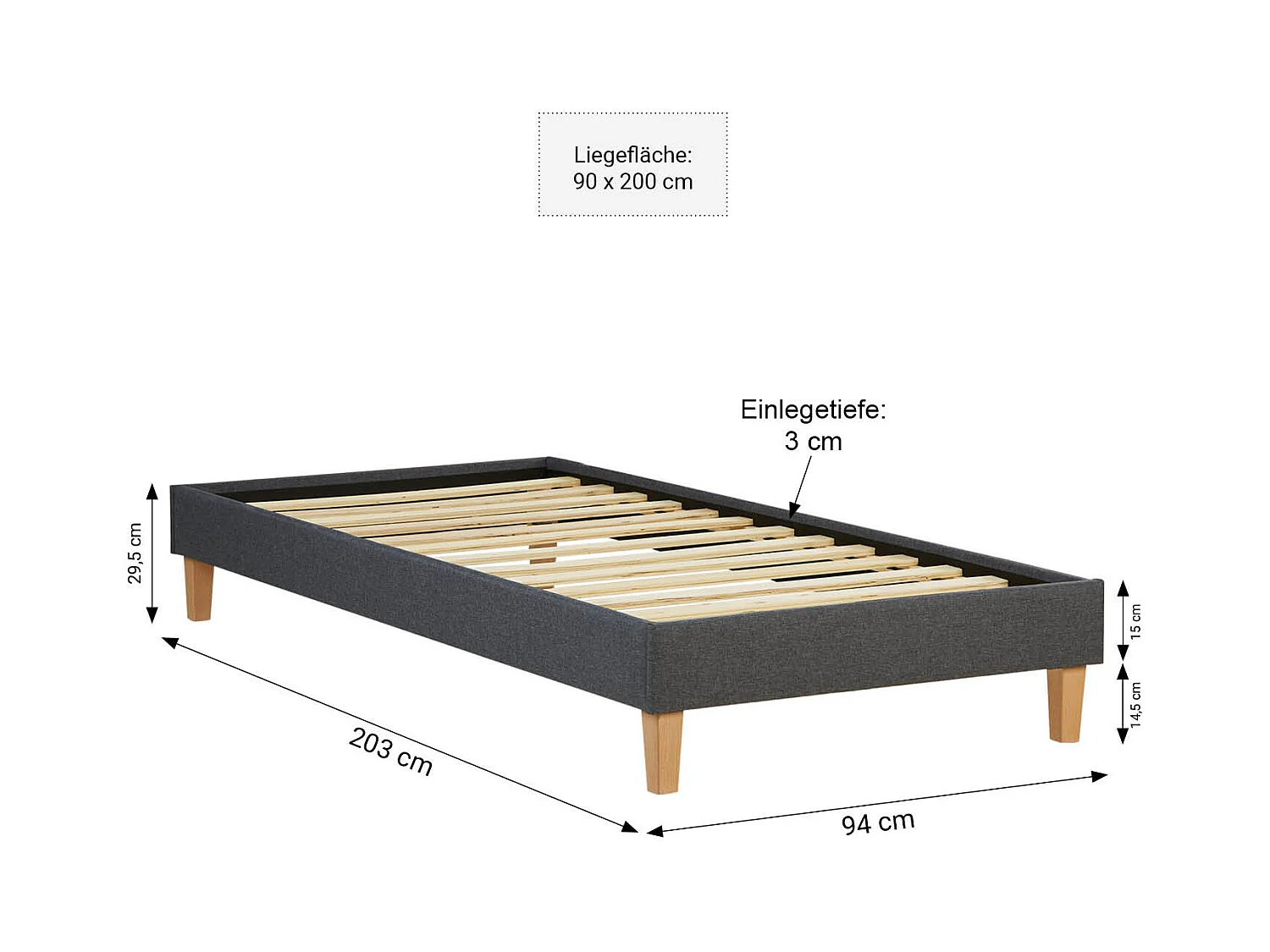 Bettgestell 90x200 cm grau Gepolstert