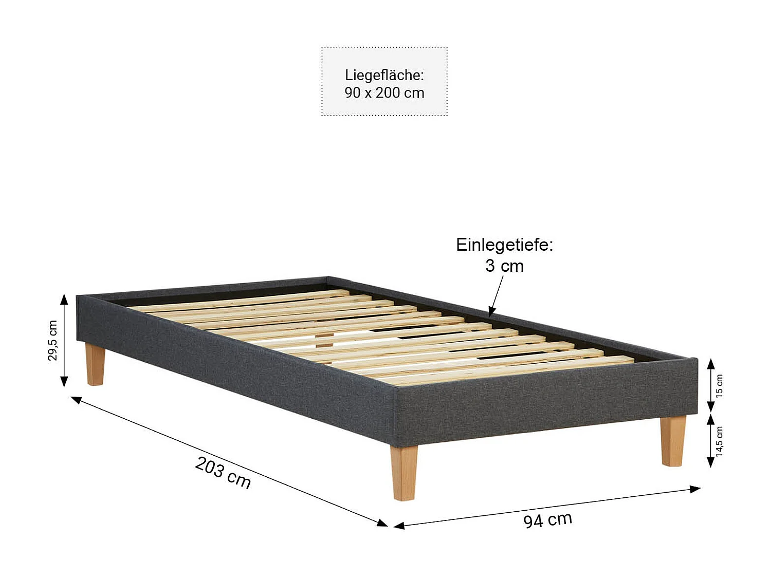 Bedframe 90x200 cm grijs Gestoffeerd