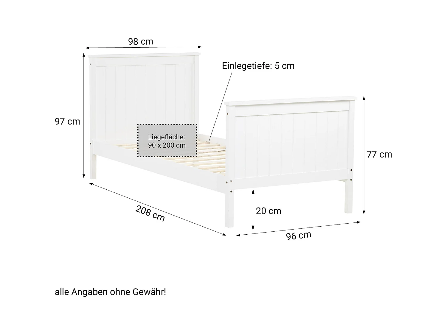 Einzelbett 98x208 cm weiß, Shaker-Stil