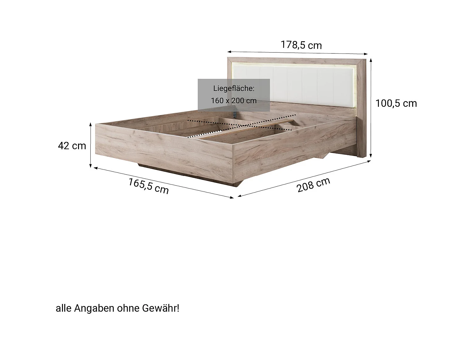 Bettgestell 178,5x100,5x208 cm Graueiche Weiß